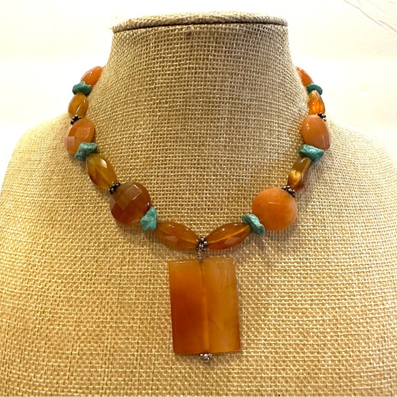 Gorgeous Genuine Carnelian / Agate Gemstone and turquoise chips, silver tone - Picture 1 of 12